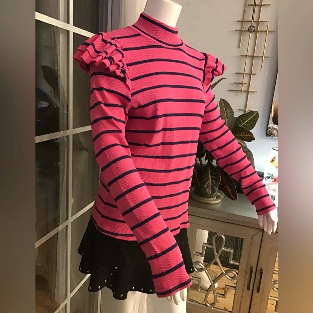 T.La Anthropologie Vibrant Pink Navy Stripe Ruffle Turtleneck Pullover Woman XL - Picture 7 of 11